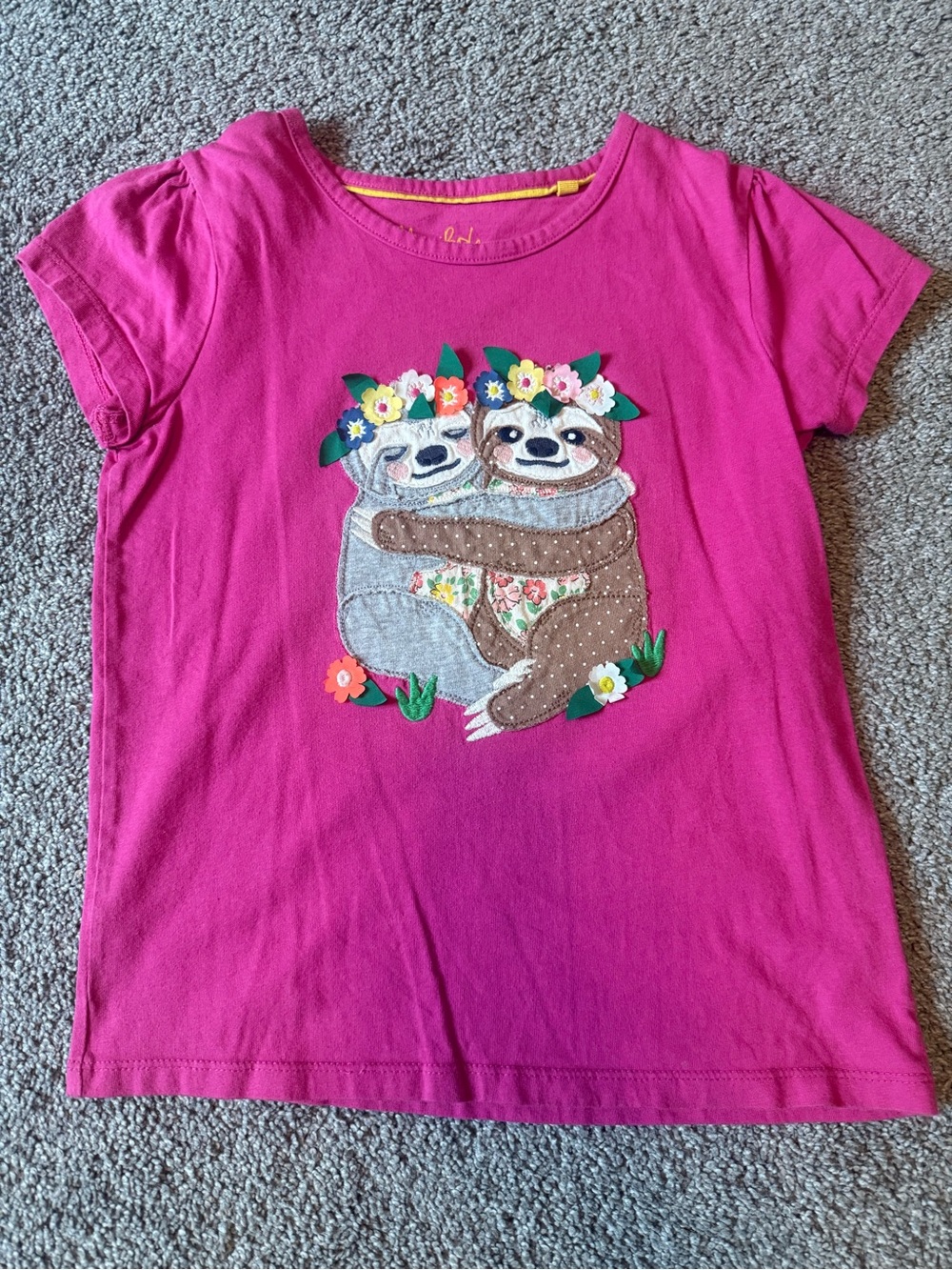Mini Boden Sloth Floral Appliqué Pink Shirt Sz 7-8